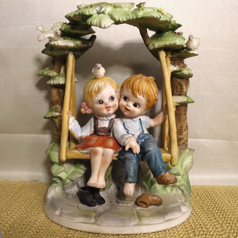 Figurine Boy and Girl Friends on Swing ESD Japan Porcelain Bisque